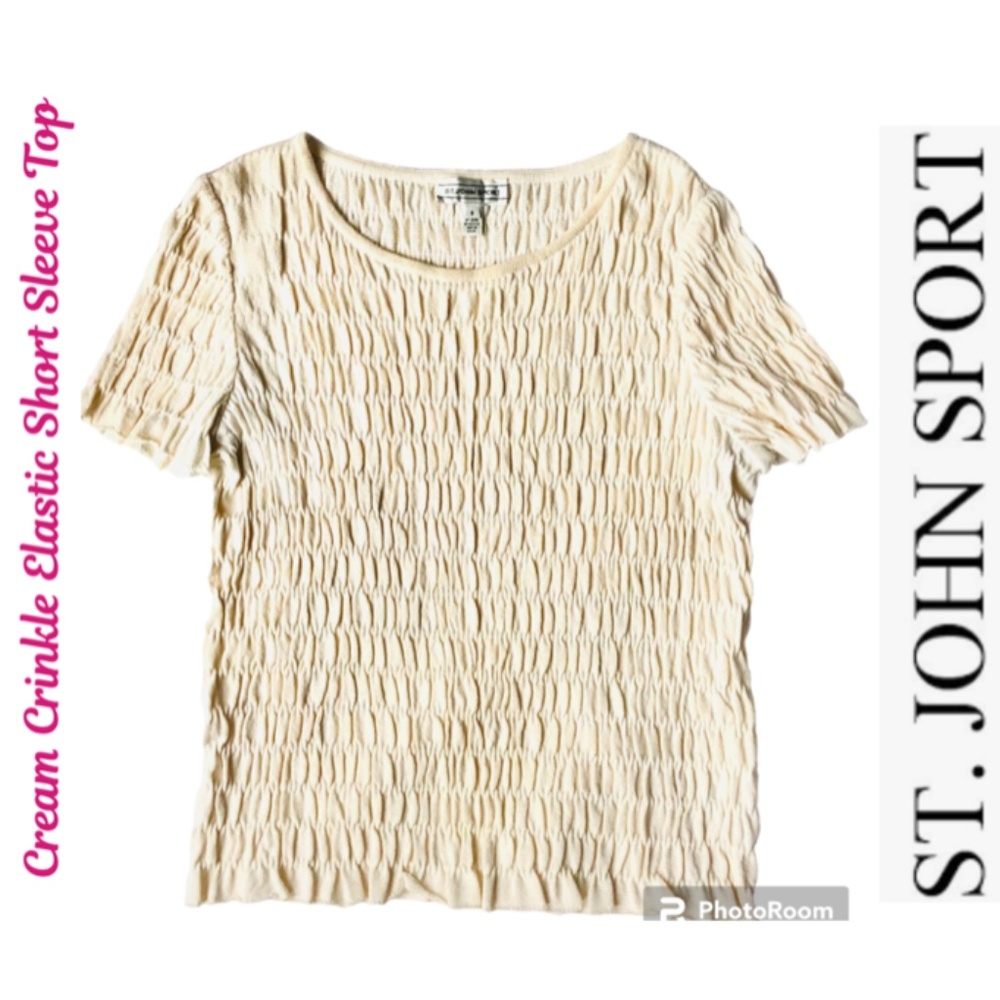 Cream Crinkle Elastic Short Sleeve Top